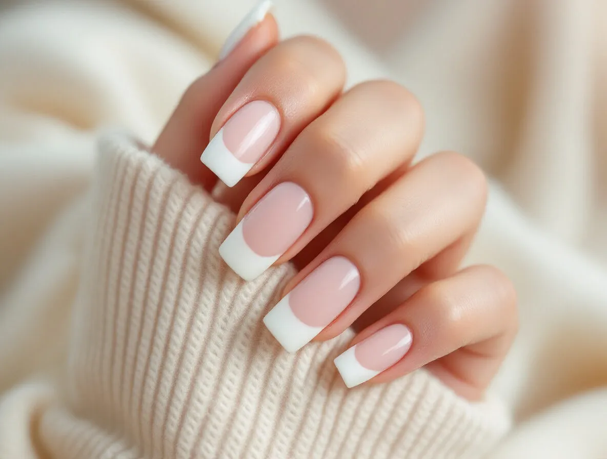 Ongles carrés en french manucure sur un pull en maille crème