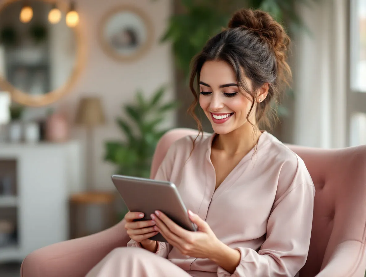 Gérante souriante consultant une tablette, installée dans un fauteuil rose