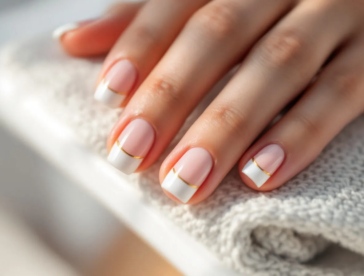 French manucure en gel rehaussée d’une fine ligne dorée