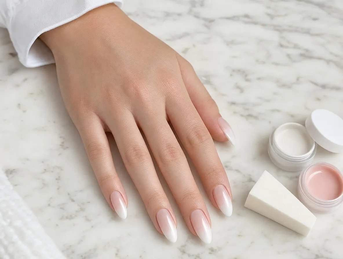 Main posée sur du marbre, ongles amande en dégradé baby boomer du rose au blanc laiteux