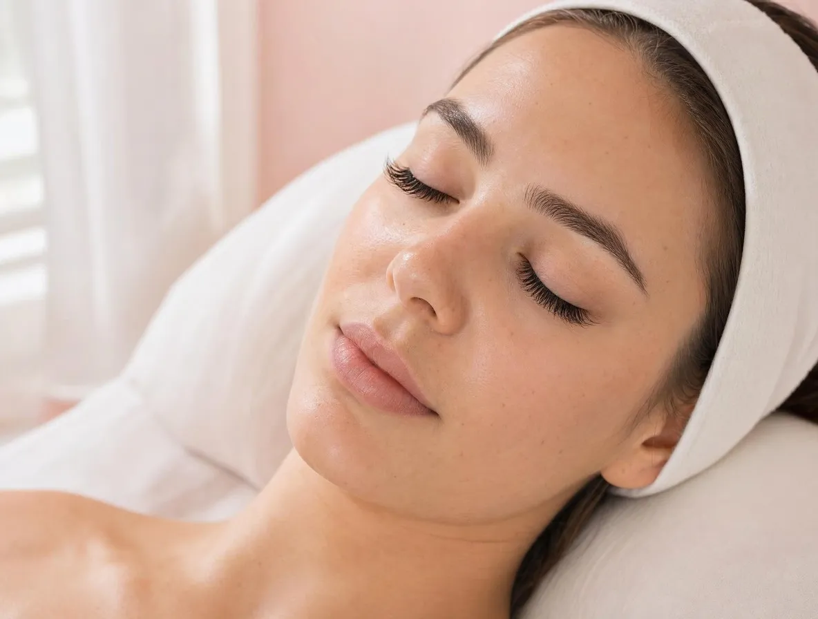 Cliente allongée, yeux fermés, après une pose d’extensions de cils cil à cil