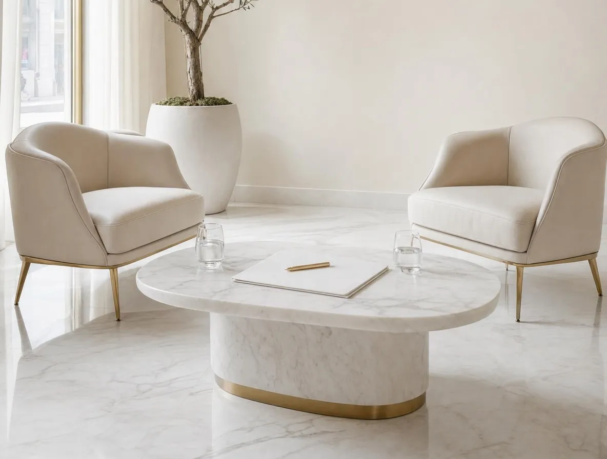 Deux fauteuils face à face autour d’une table basse en marbre, carnet et verres d’eau