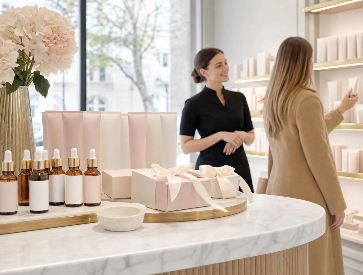 Conseillère en tunique noire au comptoir de soins ; à droite, une cliente choisit un produit en rayon