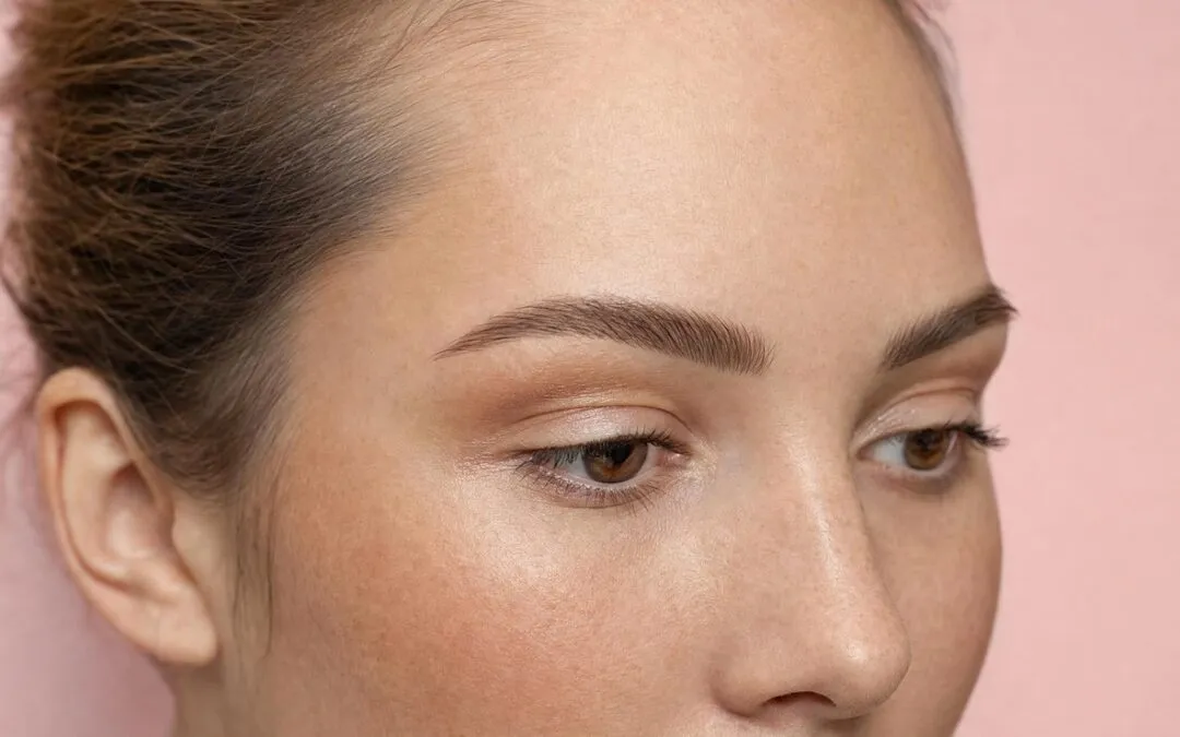 Sourcils dessinés poil à poil après un microblading, visage de trois quarts sur fond rose