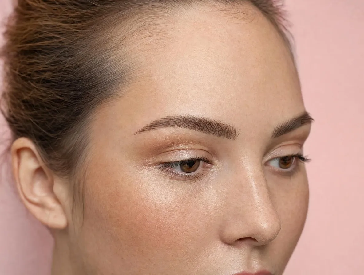 Sourcils dessinés poil à poil après un microblading, visage de trois quarts sur fond rose