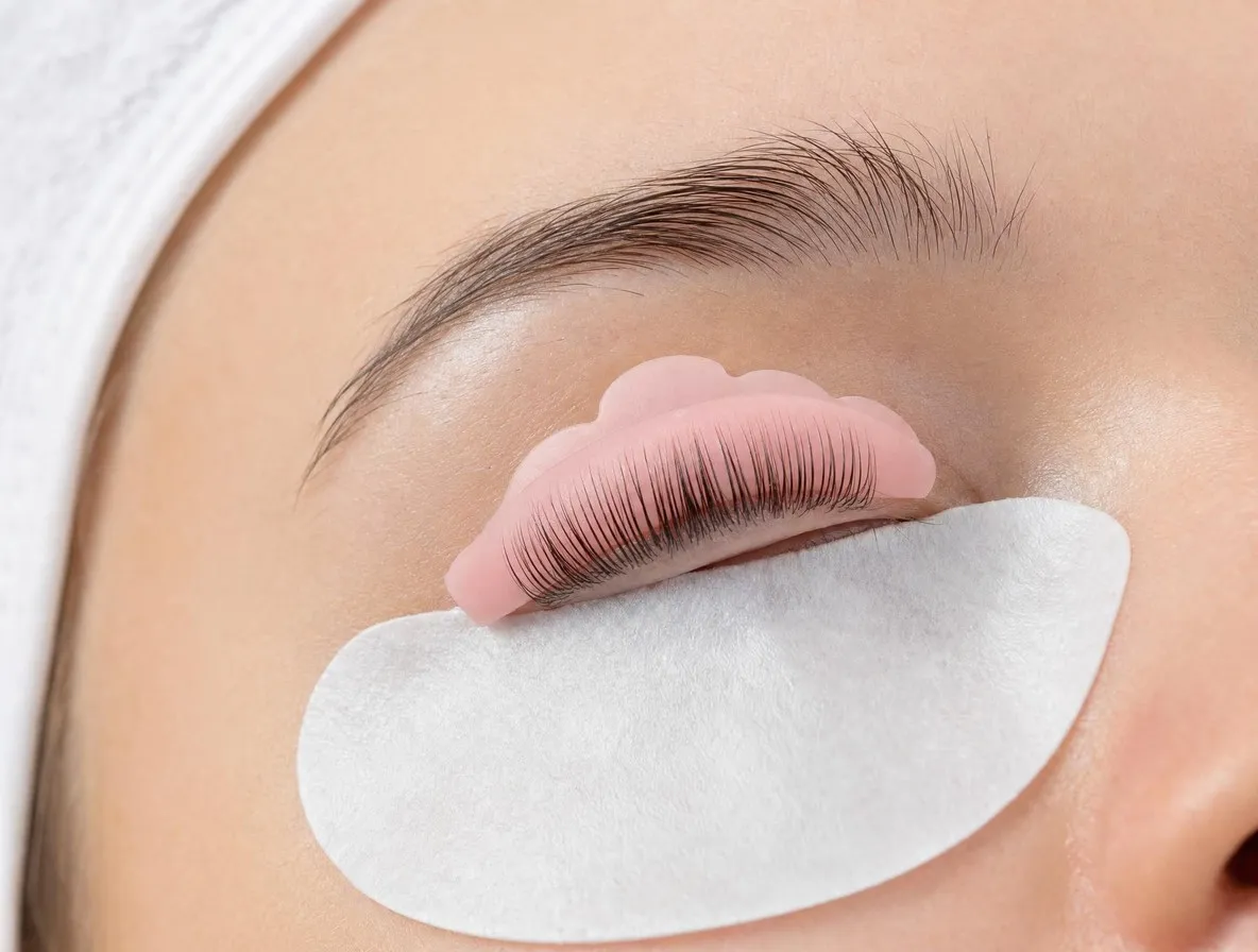 Cils naturels relevés sur un bouclier en silicone pendant un rehaussement de cils