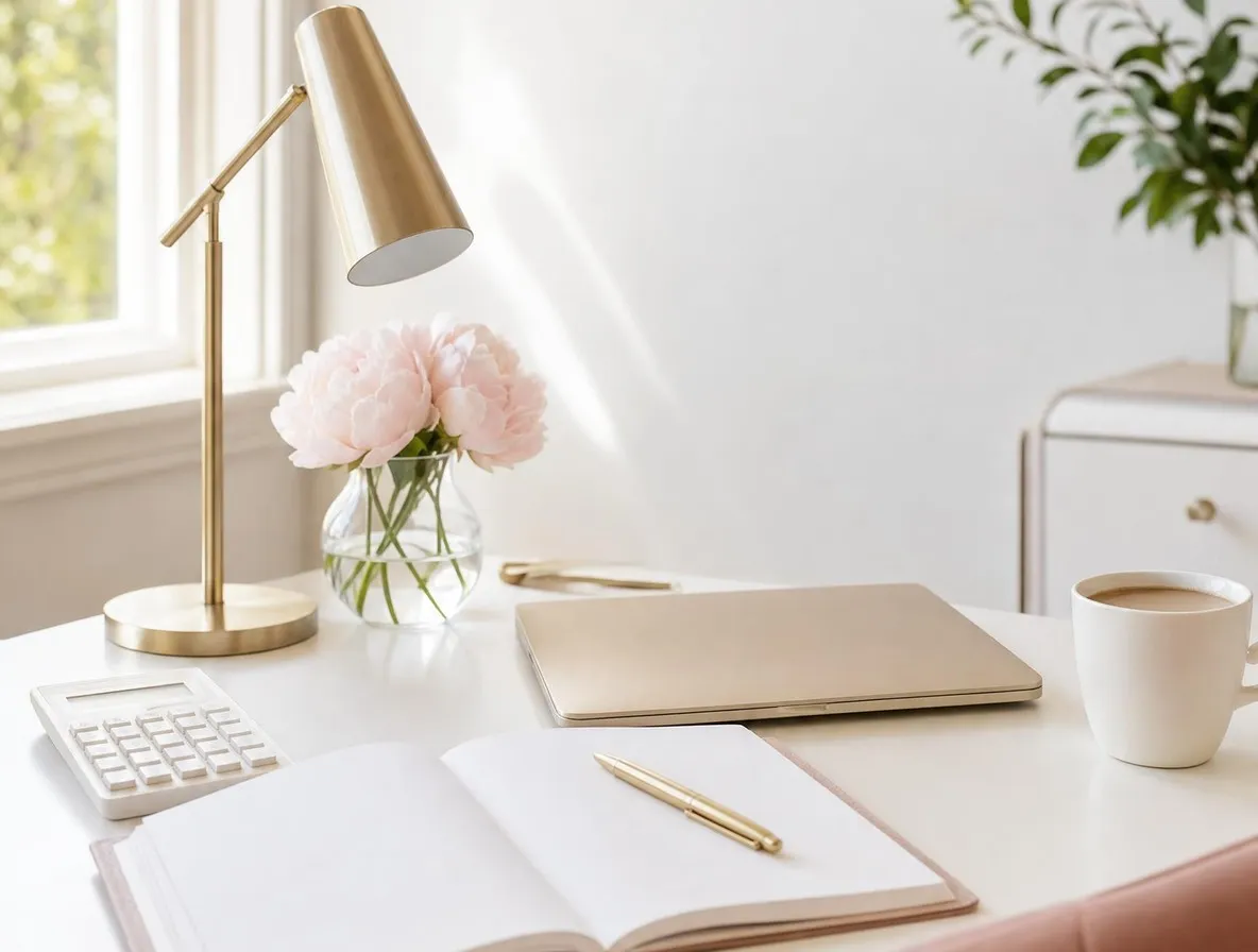 Bureau de gérante : lampe dorée, pivoines, carnet ouvert, calculatrice et ordinateur fermé