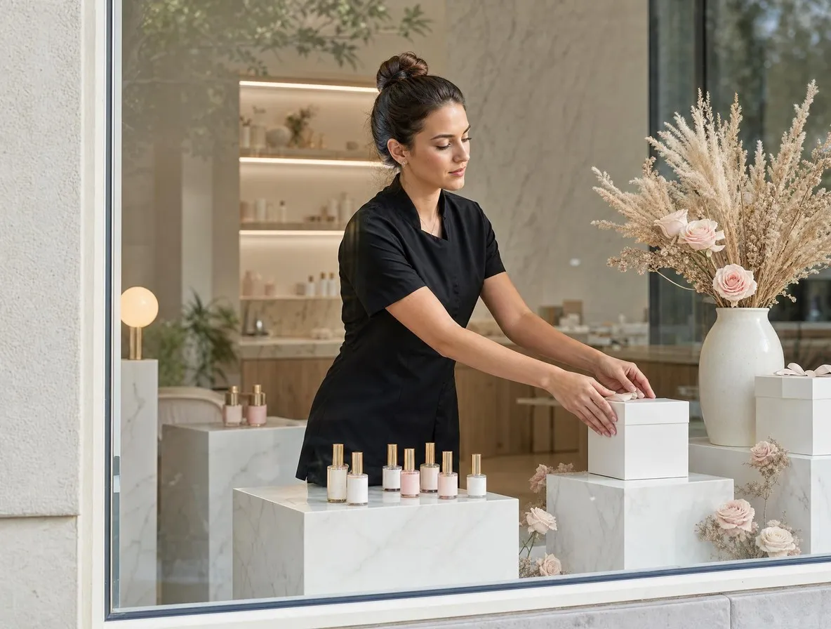 Vue de la rue : professionnelle ajustant le ruban d’un coffret dans la vitrine de son institut